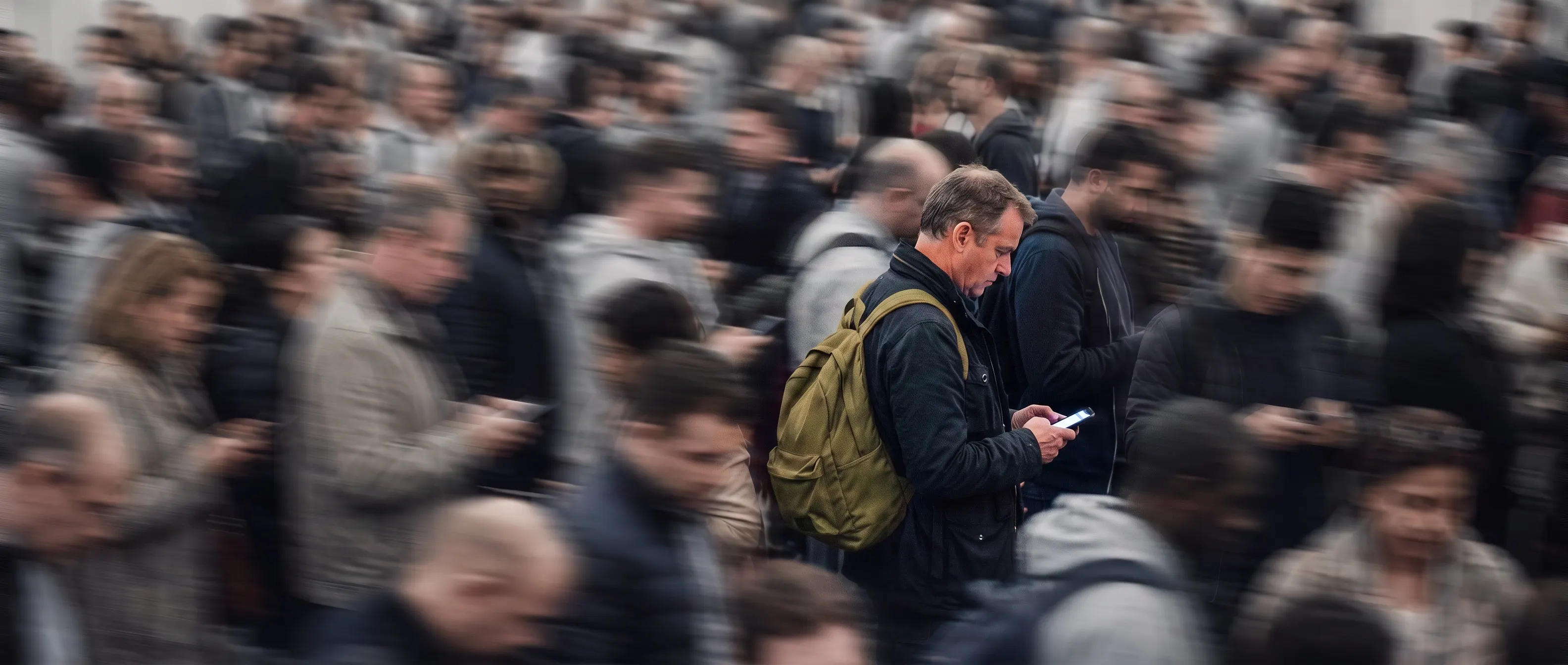 Wartende Menge — ein Mann mit olivgrünem Rucksack steht scharf im Bild am Smartphone